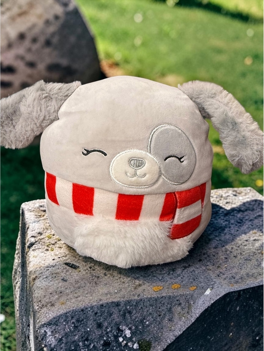 Squishmallows Ivy the Grey Dog Red Scarf Holiday Winter Plush Kellytoy